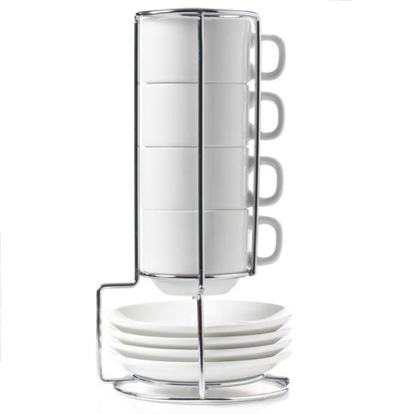 Stack-able Porcelain 4 oz. Espresso Coffee Cups and Saucer with Chrome Rack - Picture 1 of 8